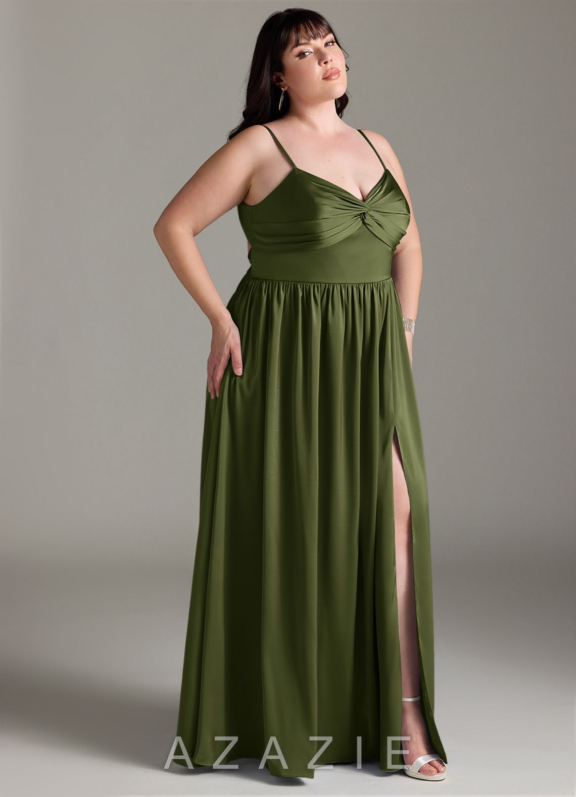 Azazie Zeya Olive A-Line Pleated Stretch Satin Dress olive