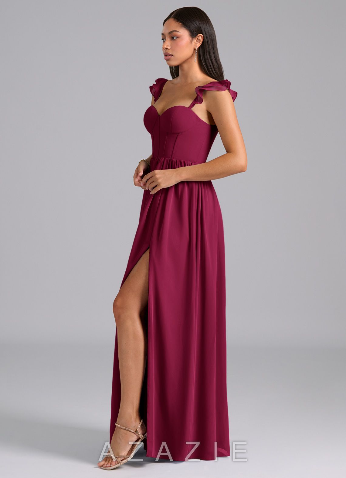 Azazie Denisse Burgundy A-Line Ruched Chiffon Dress burgundy