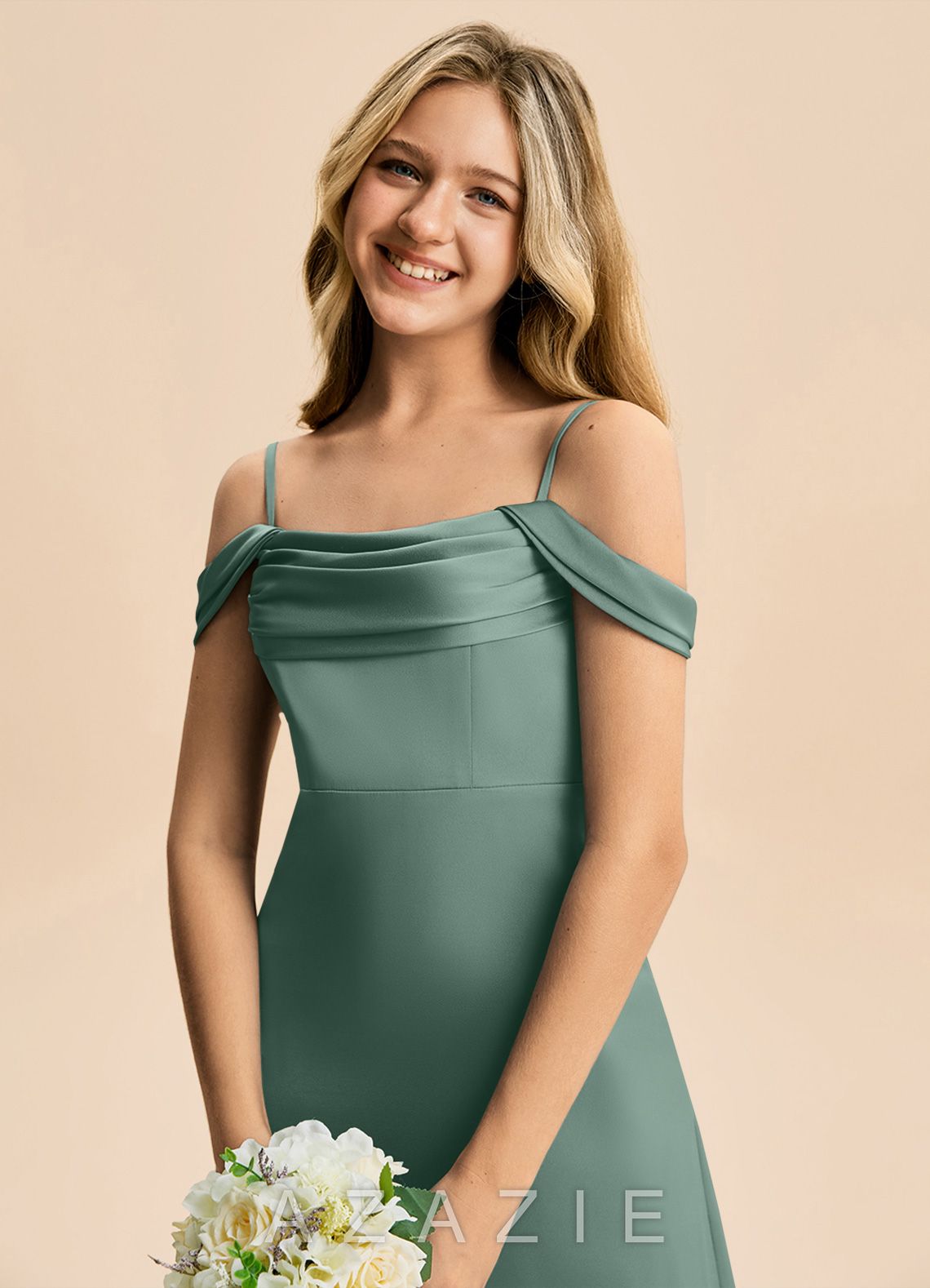 Azazie Lettie Junior Eucalyptus A-Line Off the Shoulder Stretch Satin Dress eucalyptus