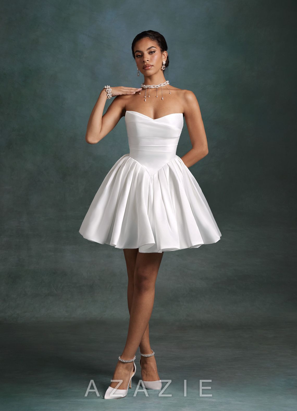 Azazie Daivey Diamond White Ball-Gown Strapless Matte Satin Dress diamond_white