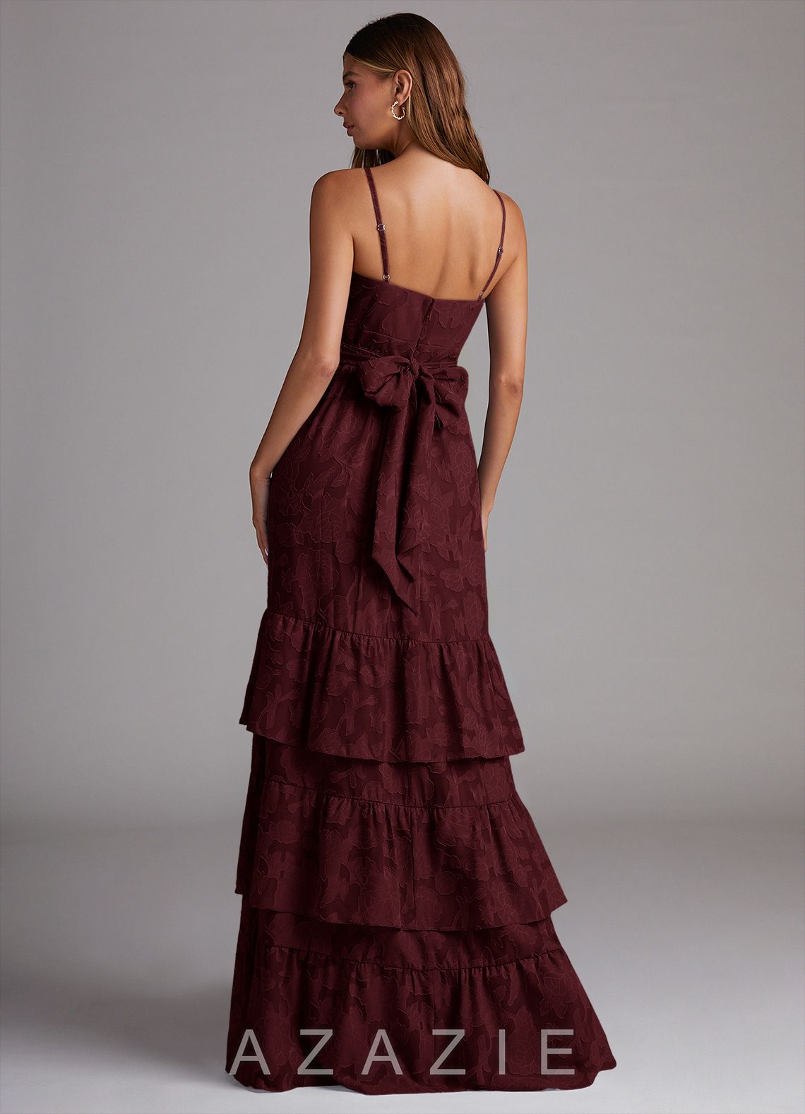 Azazie Nathalia Cabernet A-Line Bow Floral Burnout Dress cabernet