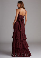 Azazie Nathalia Cabernet A-Line Bow Floral Burnout Dress cabernet