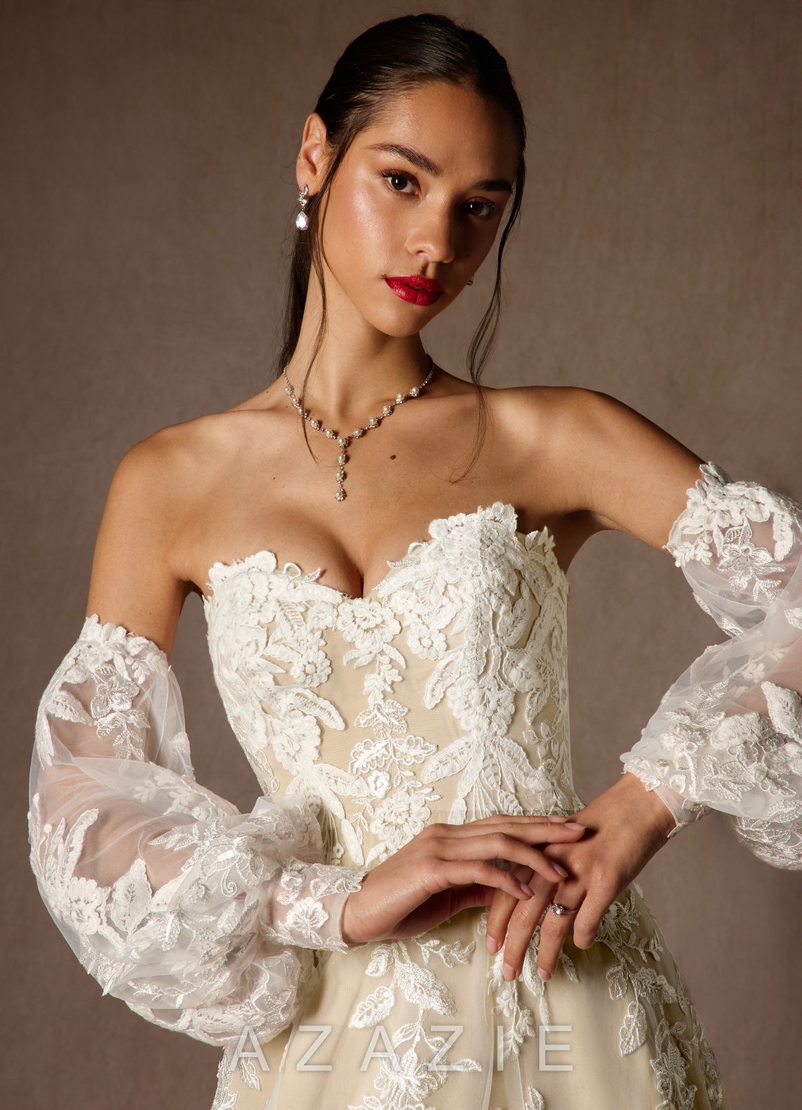 Azazie Madeleine Diamond White Champagne Ball-Gown Strapless Lace Dress