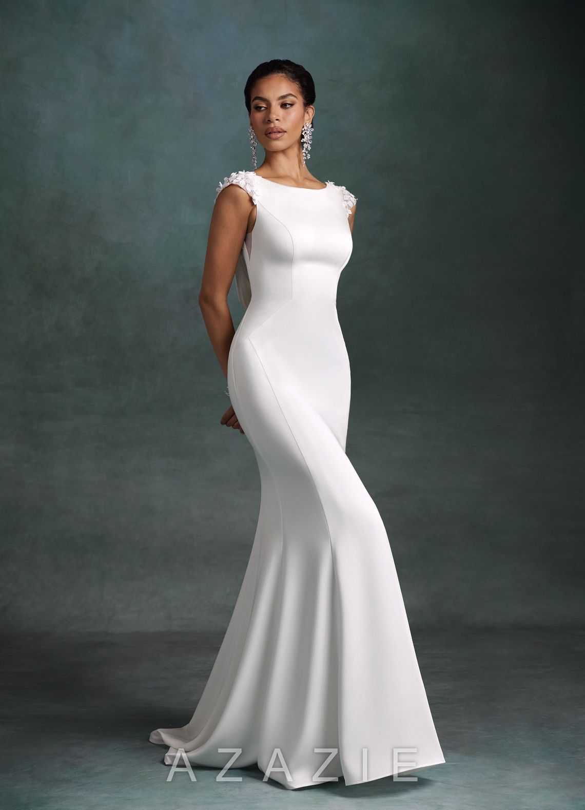 Azazie Oaklynn Diamond White Mermaid Boatneck Crepe Back Satin Dress diamond_white