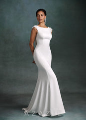 Azazie Oaklynn Diamond White Mermaid Boatneck Crepe Back Satin Dress diamond_white