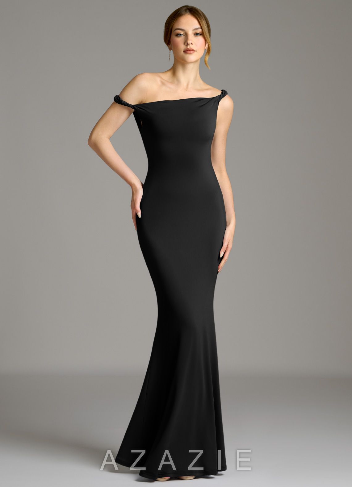 Azazie Shantal Black Mermaid Off the Shoulder Premium Stretch Jersey Dress