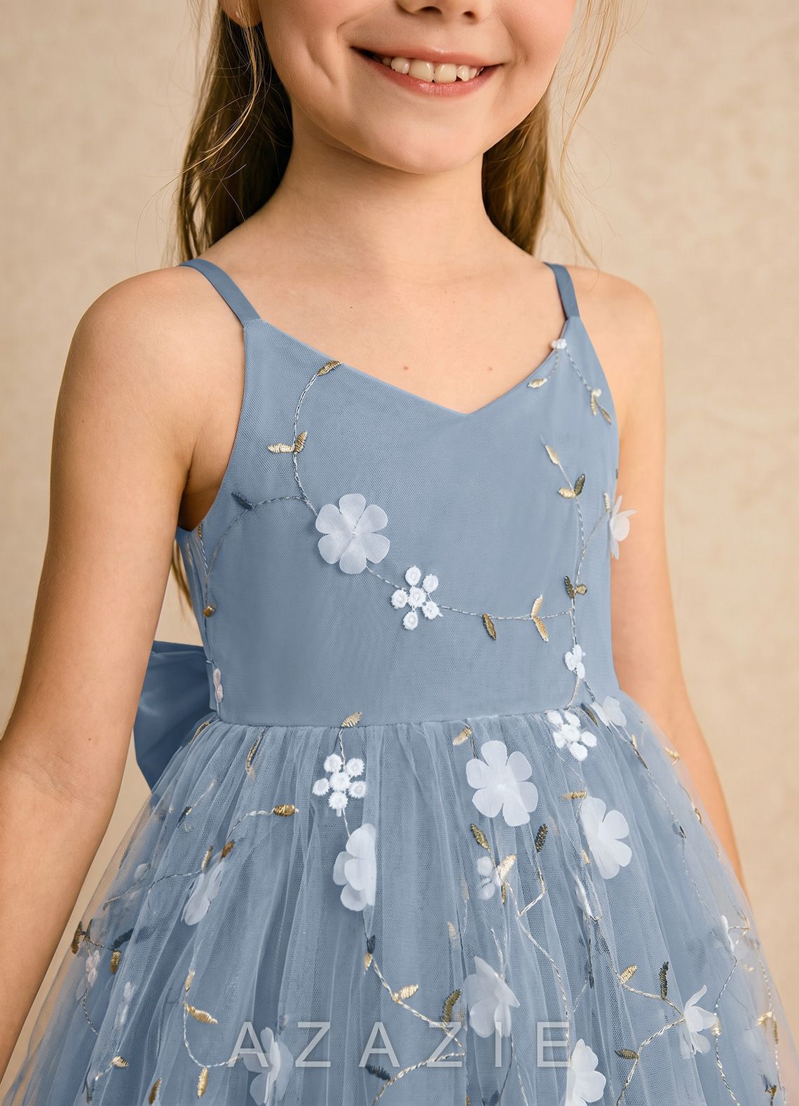 Azazie Junebug Dusty Blue Ball-Gown Spaghetti Strap Tulle Dress dusty_blue