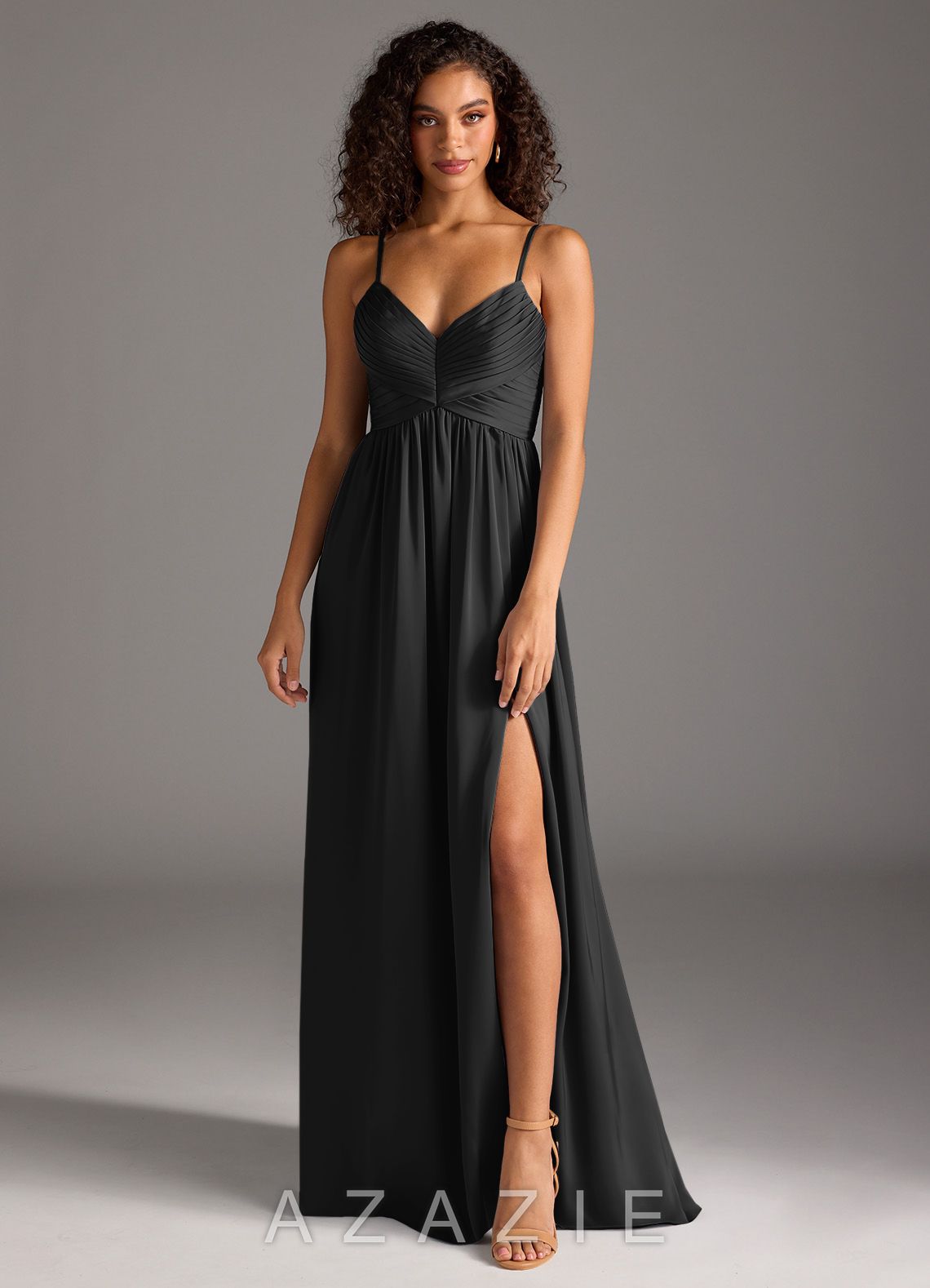 Azazie Alia Black A-Line Pleated Stretch Satin Dress