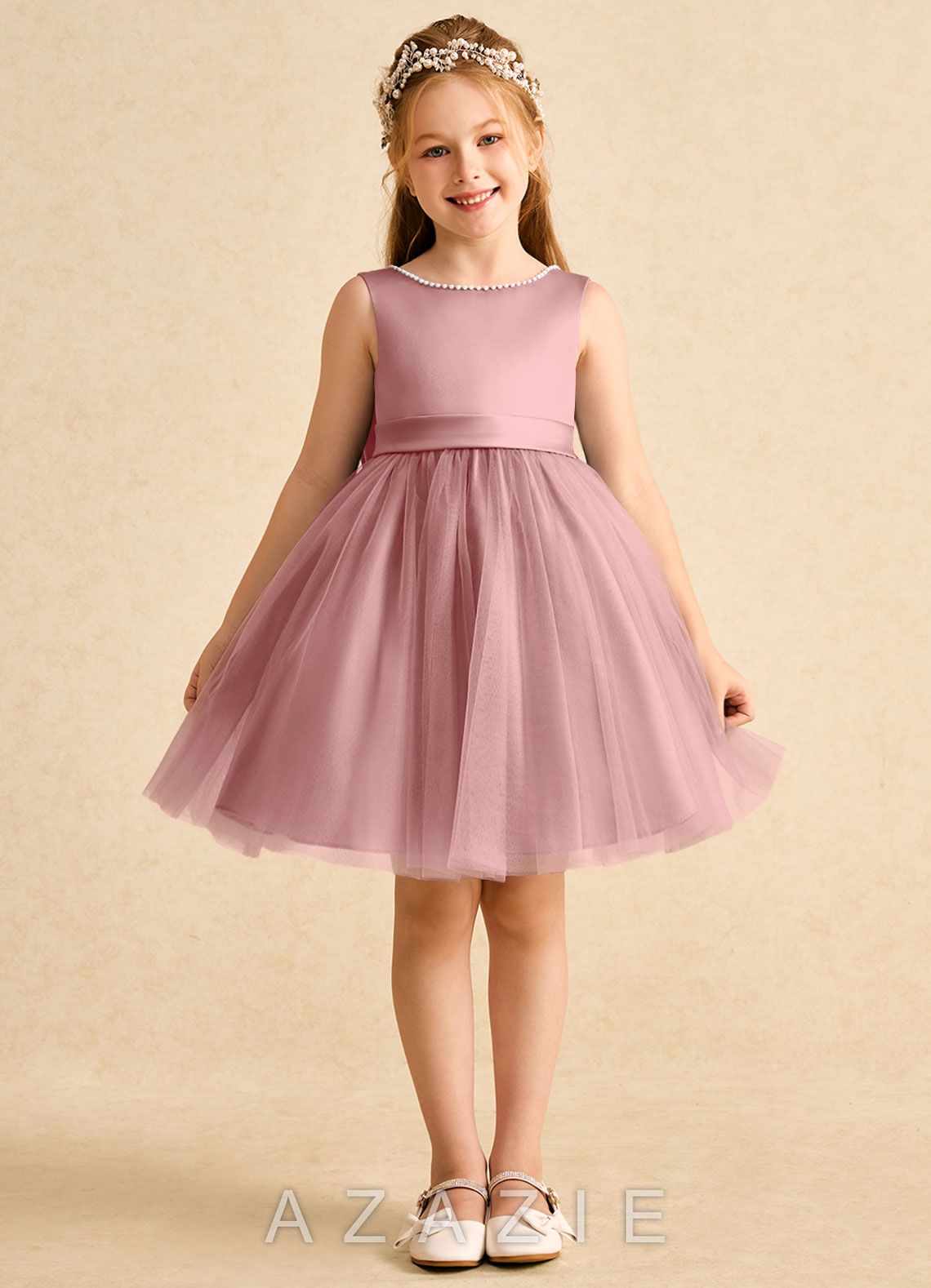 Azazie Jani Dusty Rose A-Line Bow Tulle Dress dusty_rose