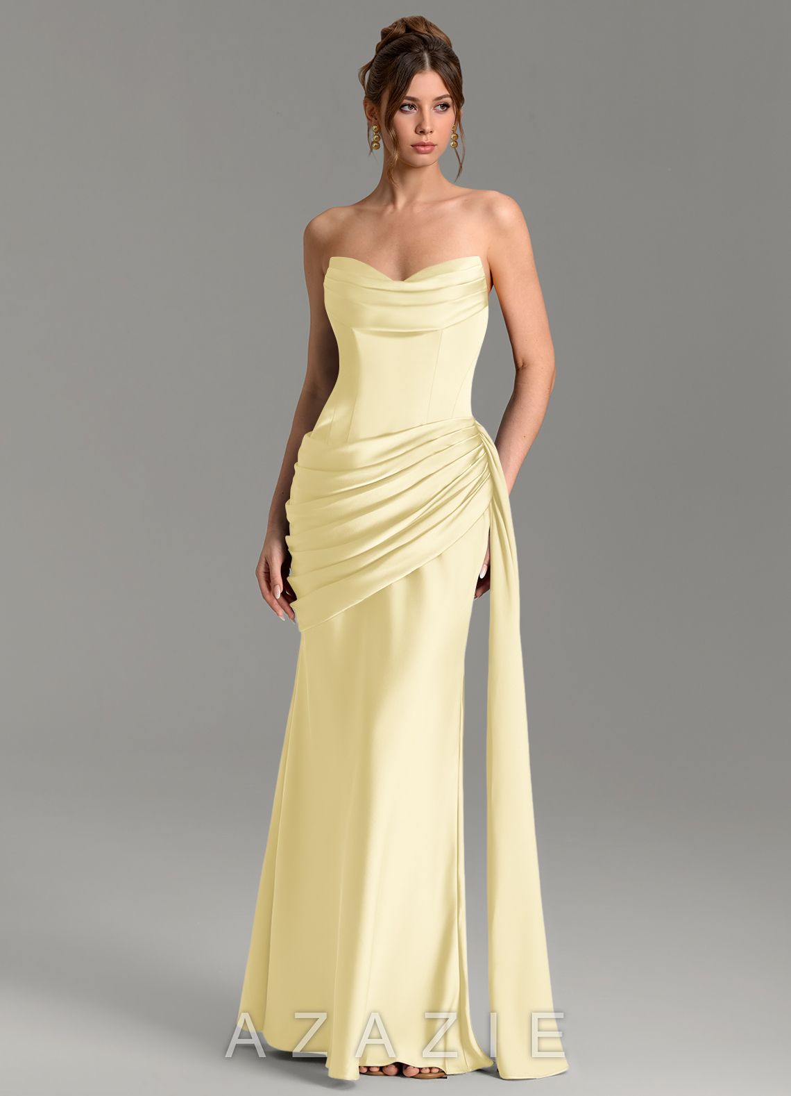 Azazie Zorah Lemon Sorbet Mermaid Corset Stretch Satin Convertible Dress lemon_sorbet