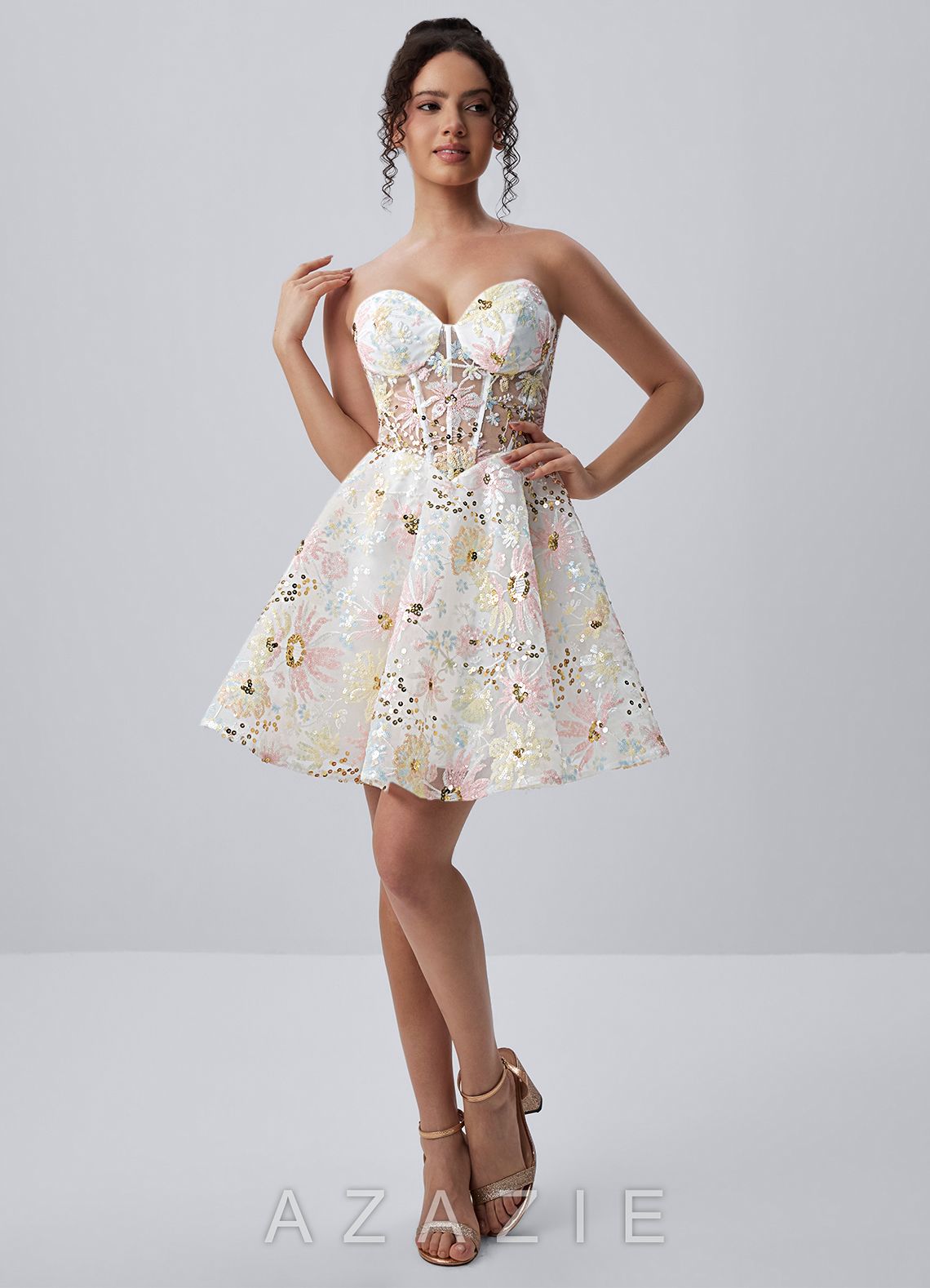 Julienne Ivory Strapless Floral Sequin Corset Skater Mini Dress