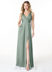 Azazie Nelly Agave A-Line V-Neck Pleated Stretch Satin Dress