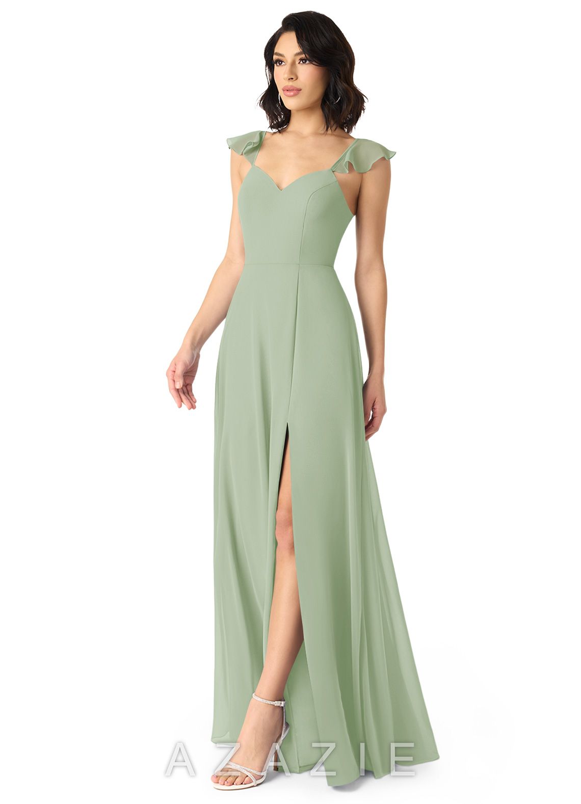 Azazie Everett Dusty Sage A-Line V-neck Ruched Chiffon Dress dusty_sage