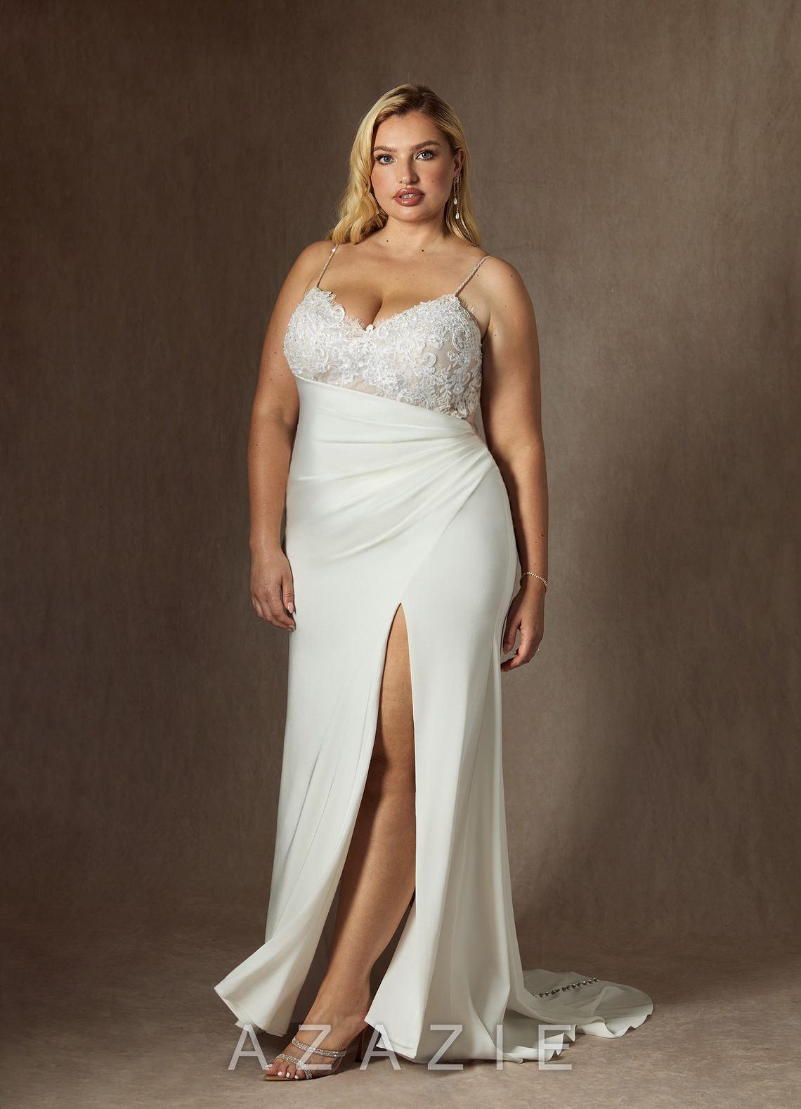 Azazie Nyx Wedding Dress Diamond White Mermaid V-Neck Sequins Stretch Satin Dress diamond_white