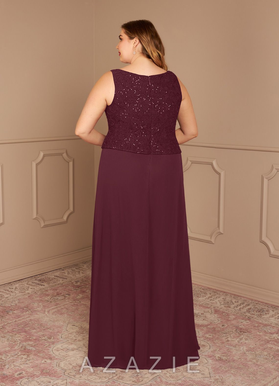 Azazie Cornelia Cabernet Sheath Square Neckline Sequins Chiffon Dress cabernet