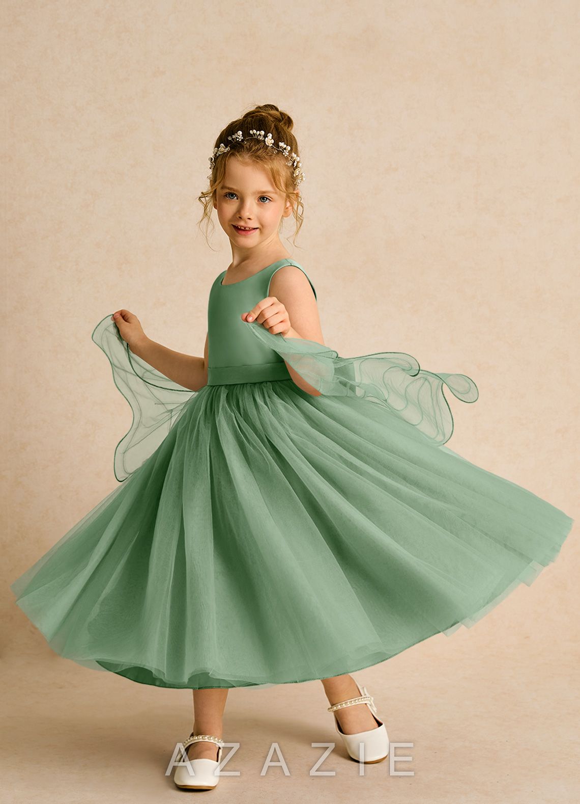 Azazie Pear Matcha Ball-Gown Bow Tulle Dress matcha