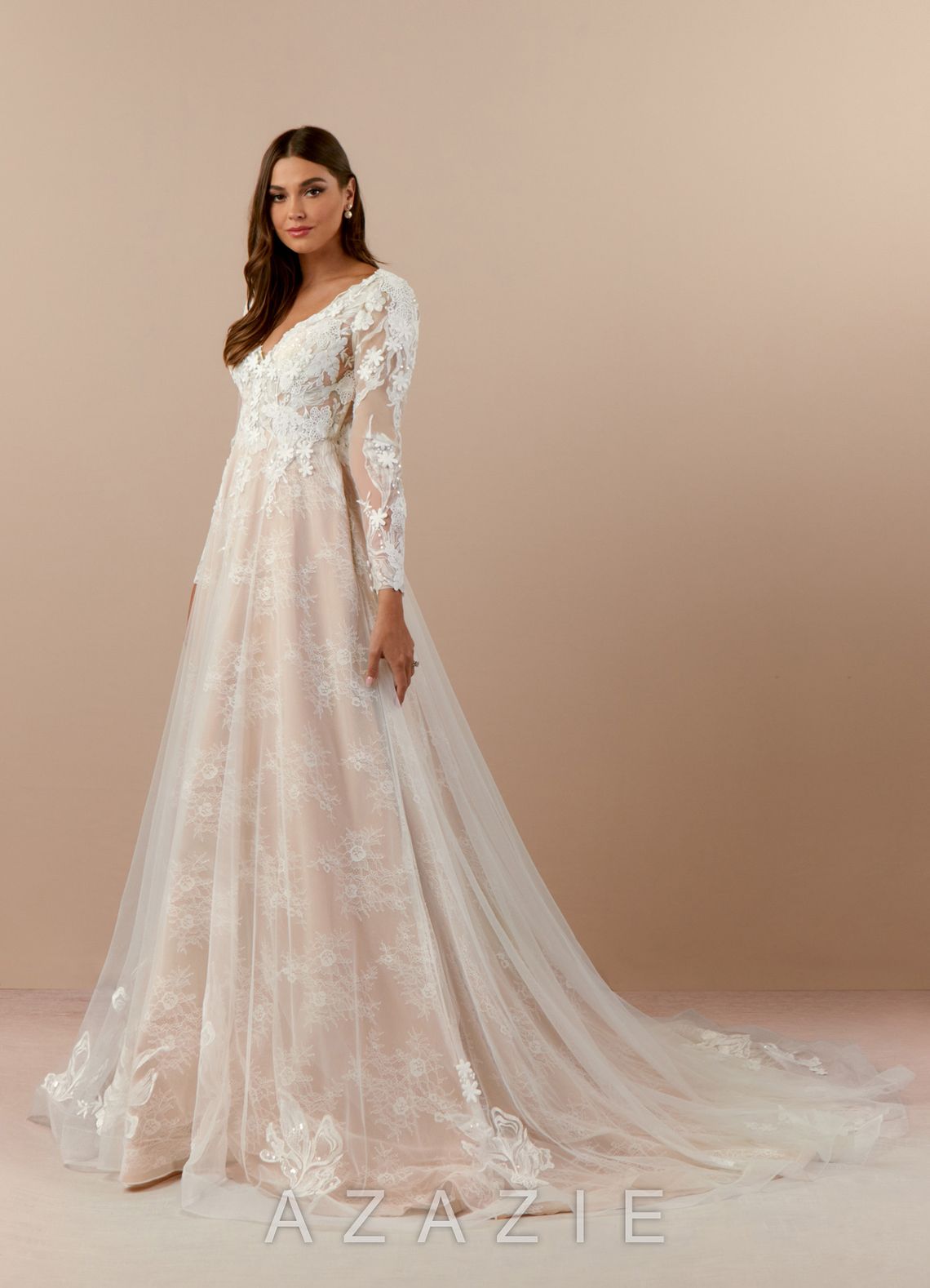 Azazie Leila Wedding Dress Diamond White Nude A-Line V-Neck Sequins Tulle Dress diamond_white/nude