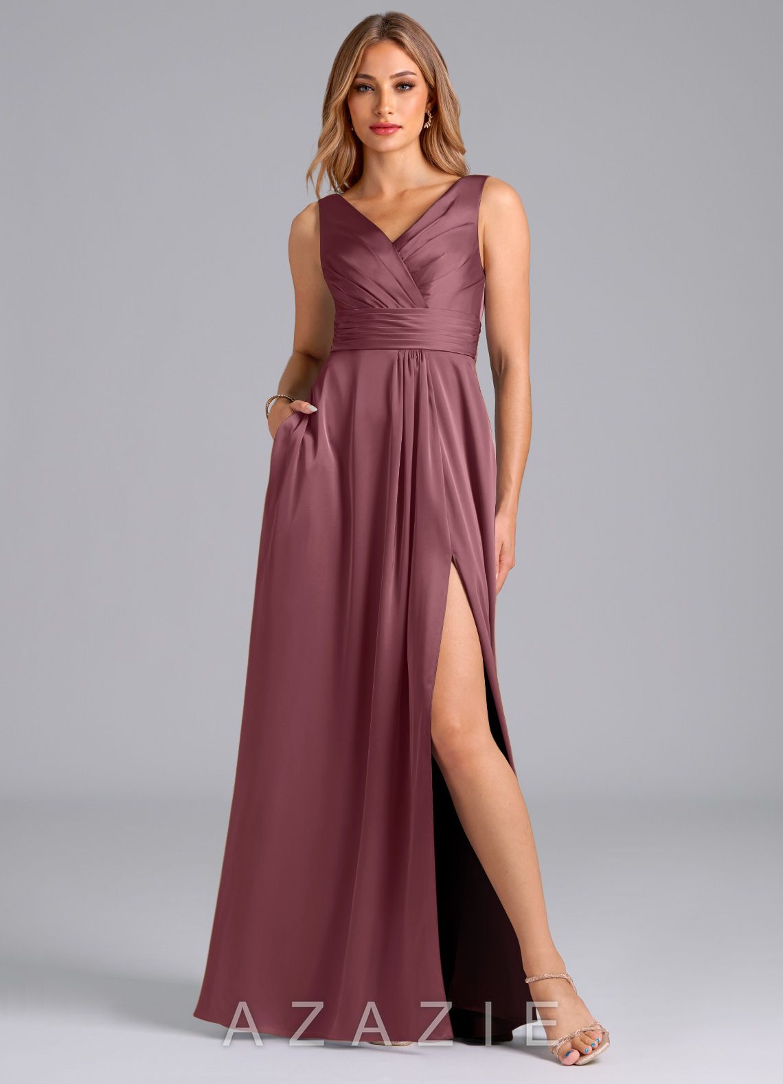 Azazie Karina Desert Rose A-Line Pleated Stretch Satin Dress