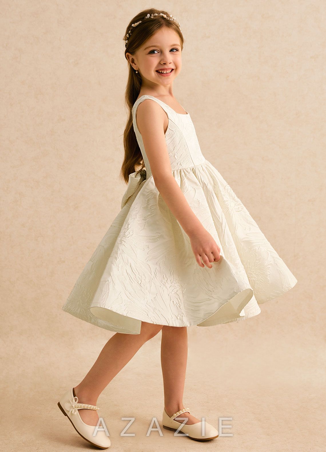 Azazie Honeybun Antique White A-Line Bow Floral Jacquard Dress antique_white