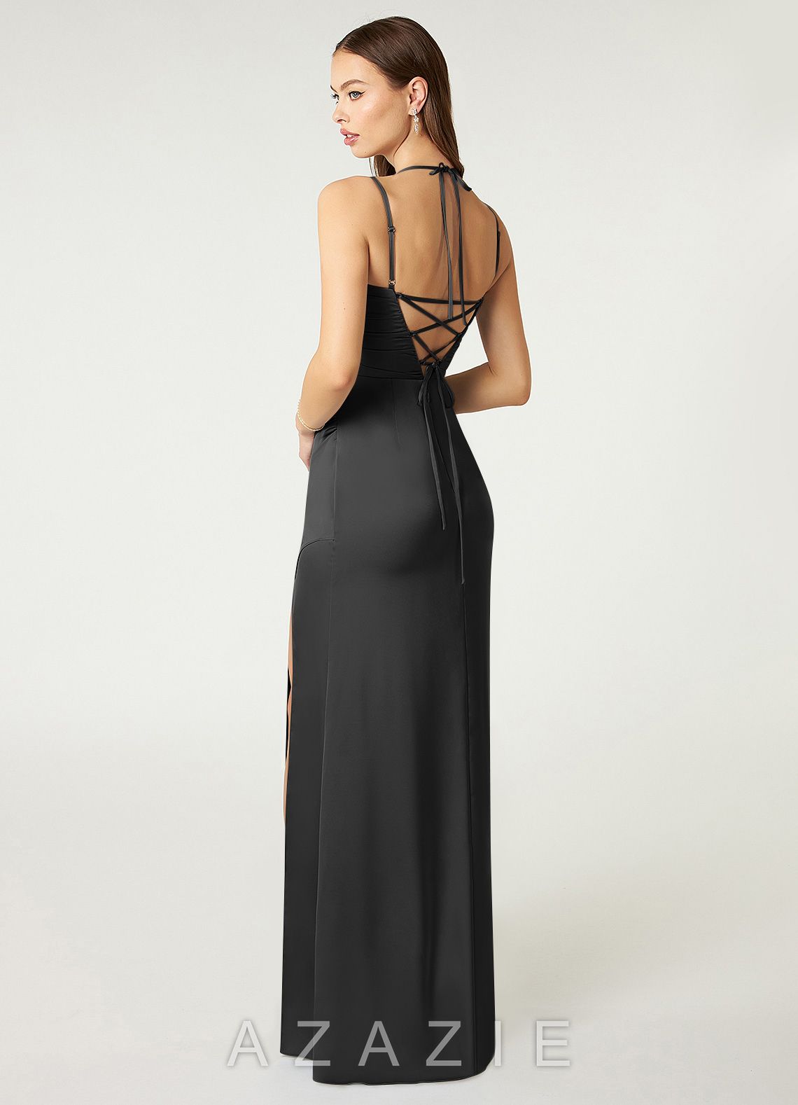 Azazie Desi Black Sheath Halter Corset Stretch Satin Dress black