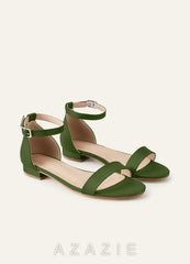 Matching Color Matte Satin Single Strap Ankle Buckle Block Flat Sandals