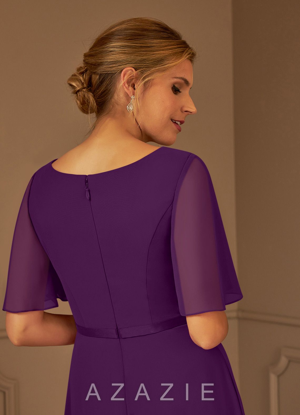 Azazie Tricia Grape A-Line V-Neck Pleated Chiffon Dress grape