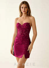 Riettahen Burgundy Beading Lace Sequin Embroidery Stretch Satin Mini Dress