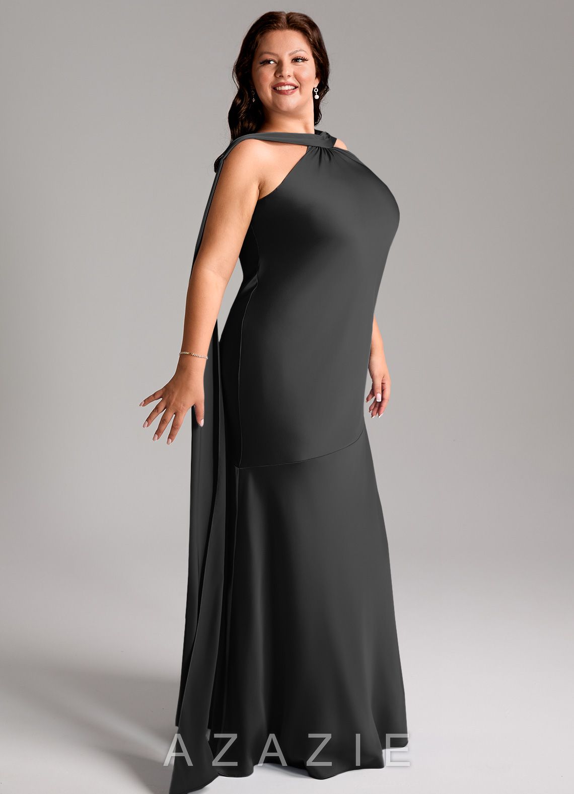 Azazie Kinsley Black Mermaid Side Slit Stretch Satin Dress black
