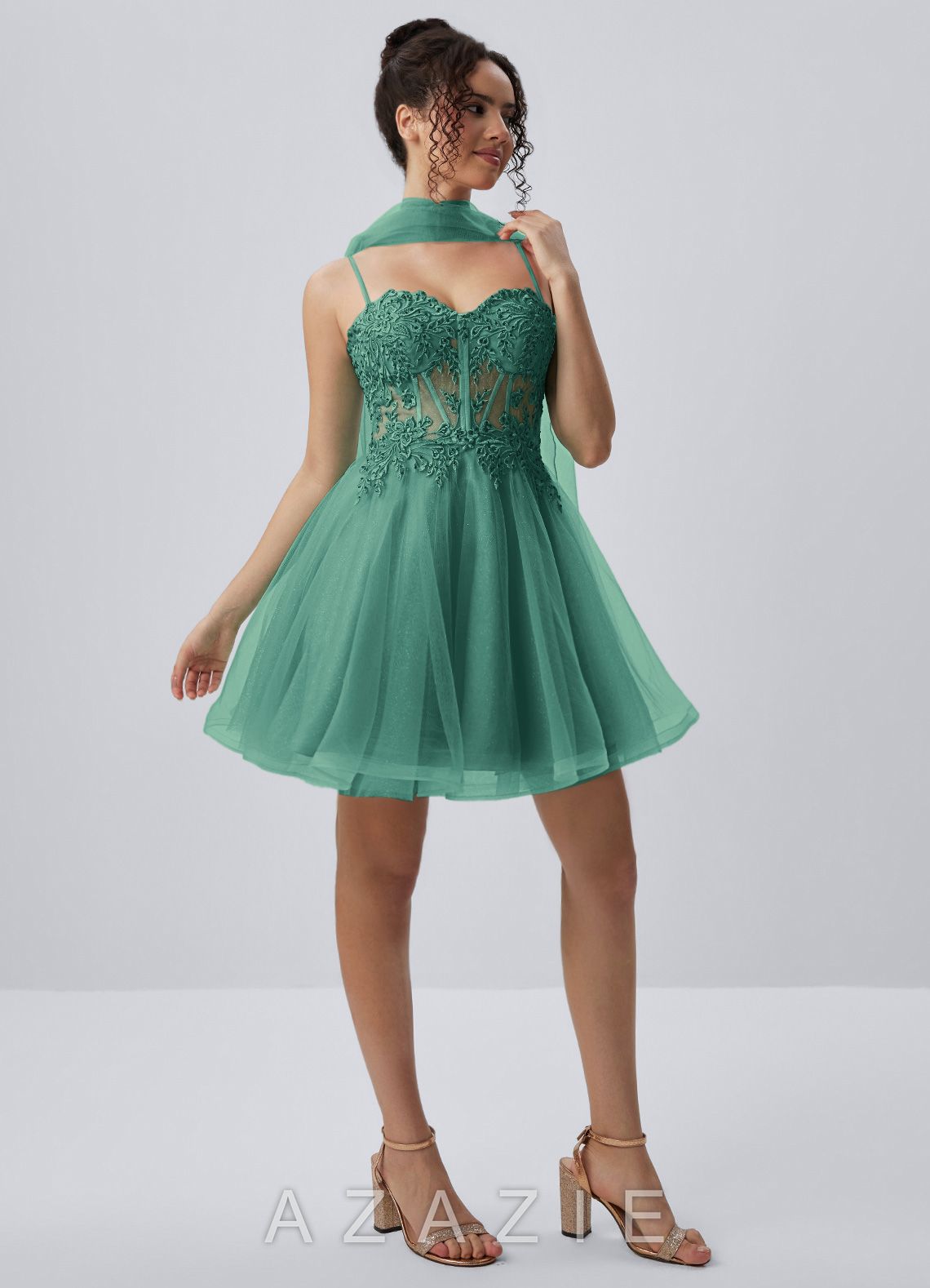 Thalassienne Basil Lace Rhinestones Tulle Mini Dress