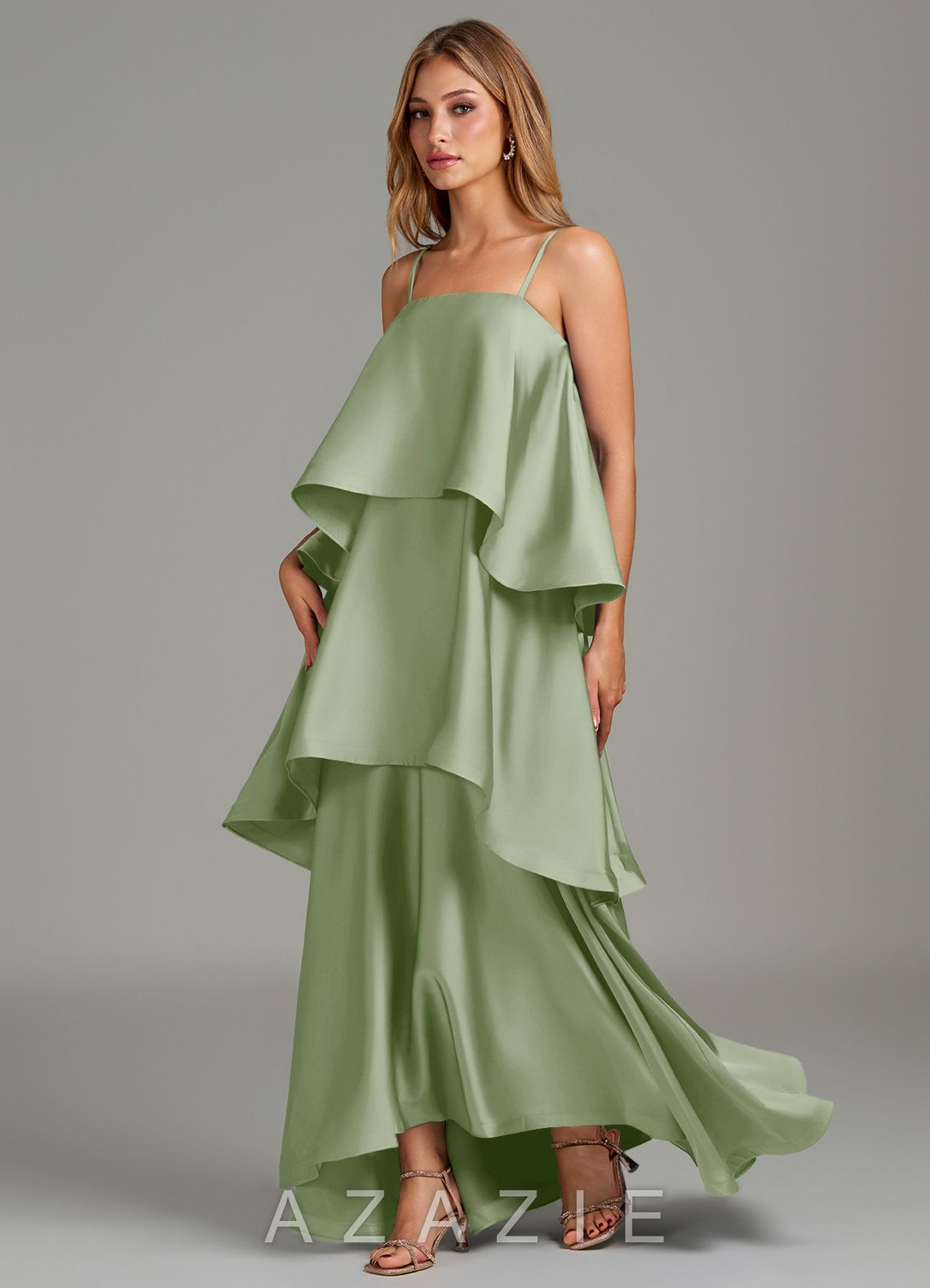 Azazie Azalea Dusty Sage A-Line Ruched Stretch Satin Dress dusty_sage