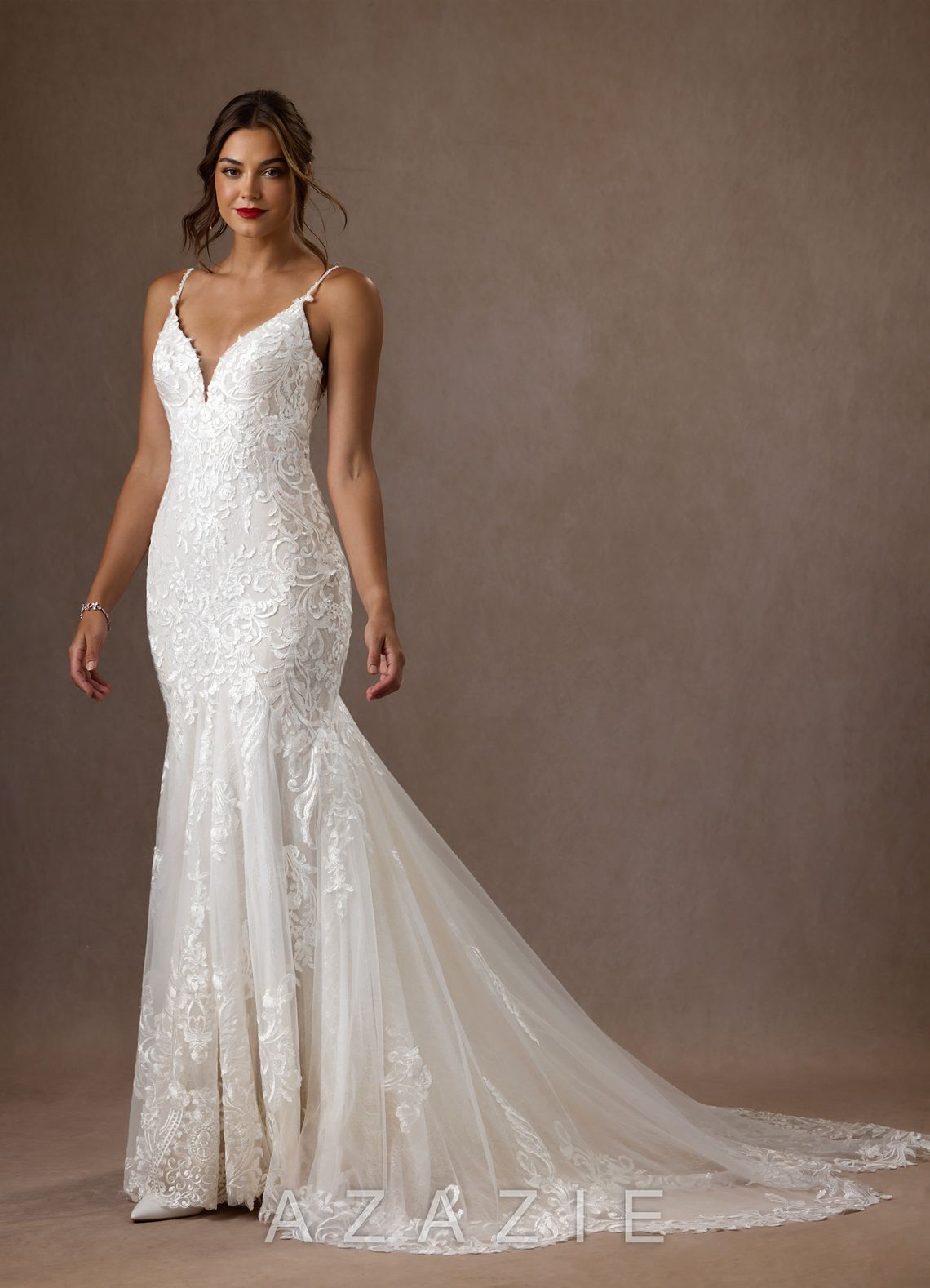 Azazie Camlynn Wedding Dress Diamond White Mermaid V-Neck Sequins Tulle Dress diamond_white