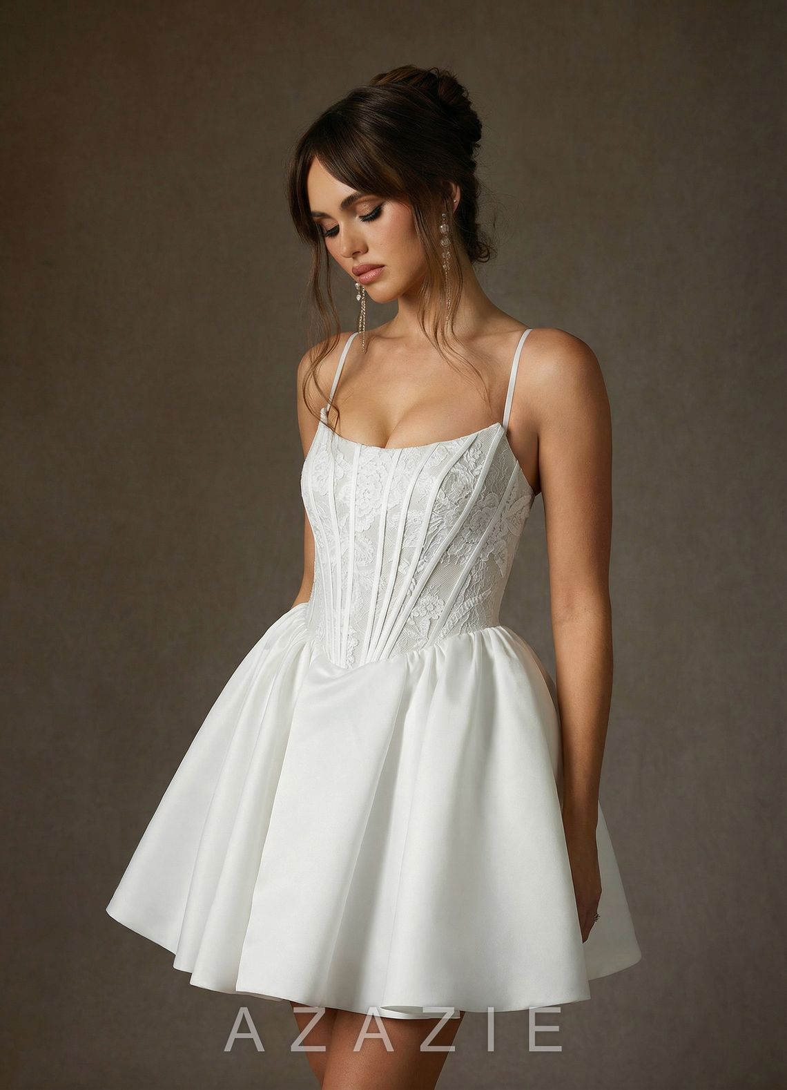 Azazie Barica Diamond White A-Line Strapless Lace Dress