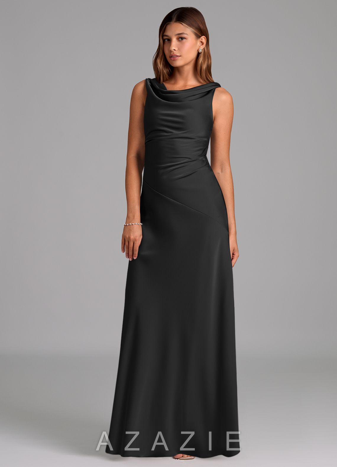 Azazie Nerine Black A-Line Pleated Stretch Satin Dress