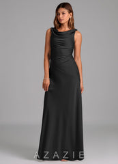 Azazie Nerine Black A-Line Pleated Stretch Satin Dress