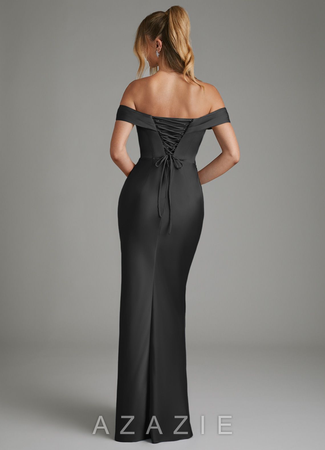 Azazie Hayden Black Mermaid Corset Stretch Satin Dress black