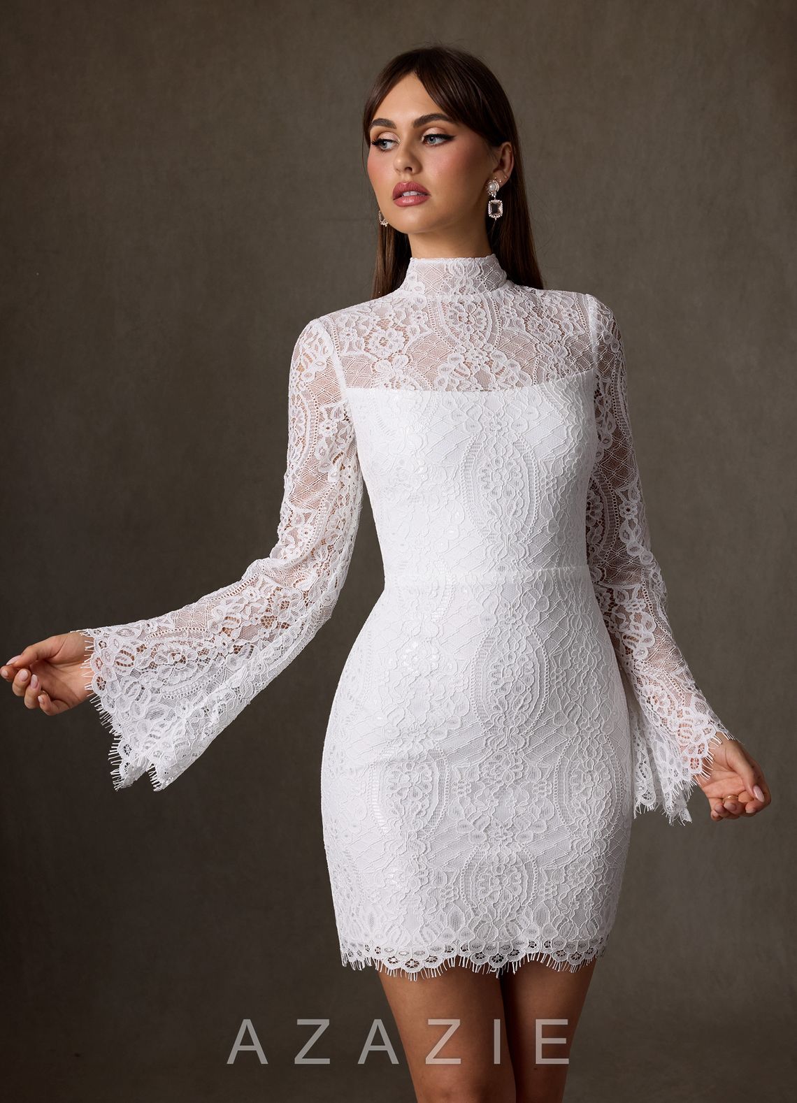 Azazie Ivie Diamond White Sheath High Neck Lace Dress diamond_white