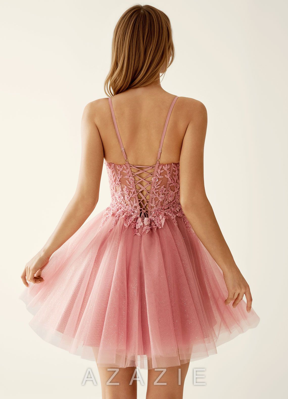 Linevange Dusty Pink Beading Lace Sequin Embroidery Tulle Mini Dress
