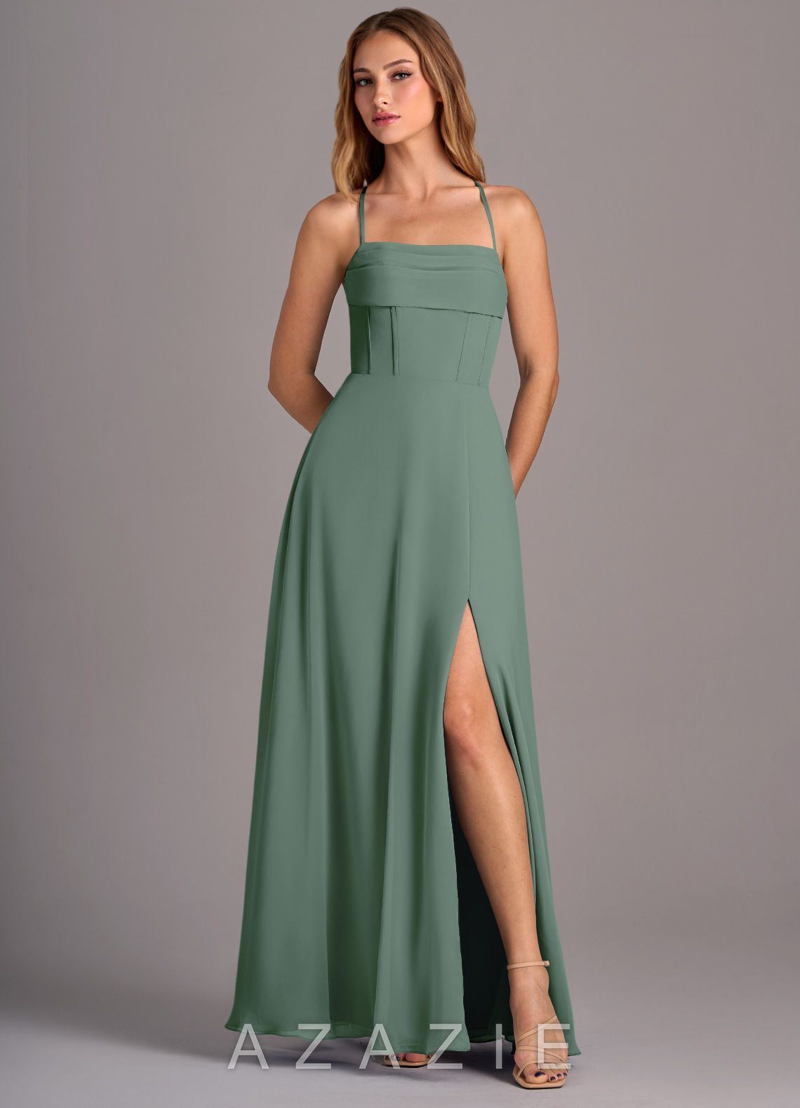 Azazie Carolyn Eucalyptus A-Line Pleated Chiffon Dress eucalyptus