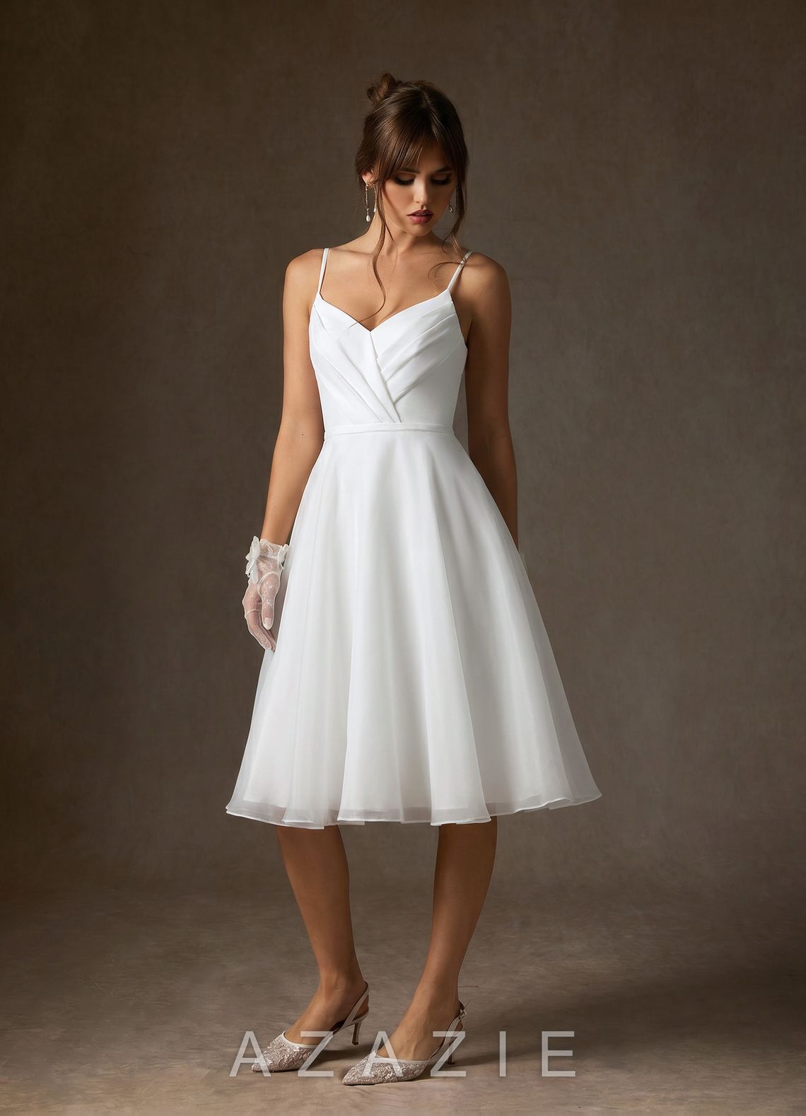 Azazie Ardea Wedding Dress Diamond White A-Line V-Neck Pleated Stretch Crepe Dress diamond_white