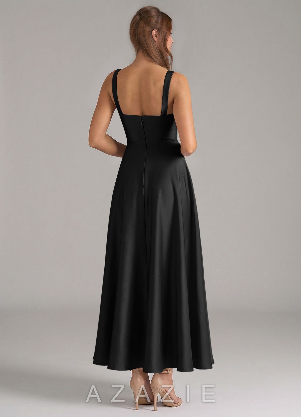 Azazie Shaude Black A-Line Pleated Stretch Satin Dress black