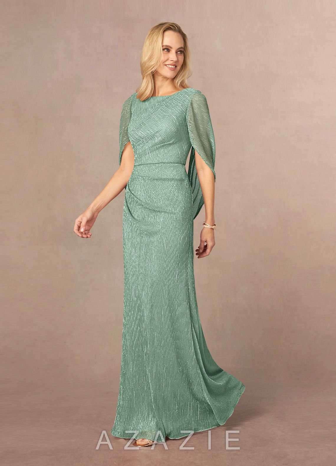 Azazie Paige Aquamarine Sheath Pleated Cape Metallic Mesh Dress aquamarine