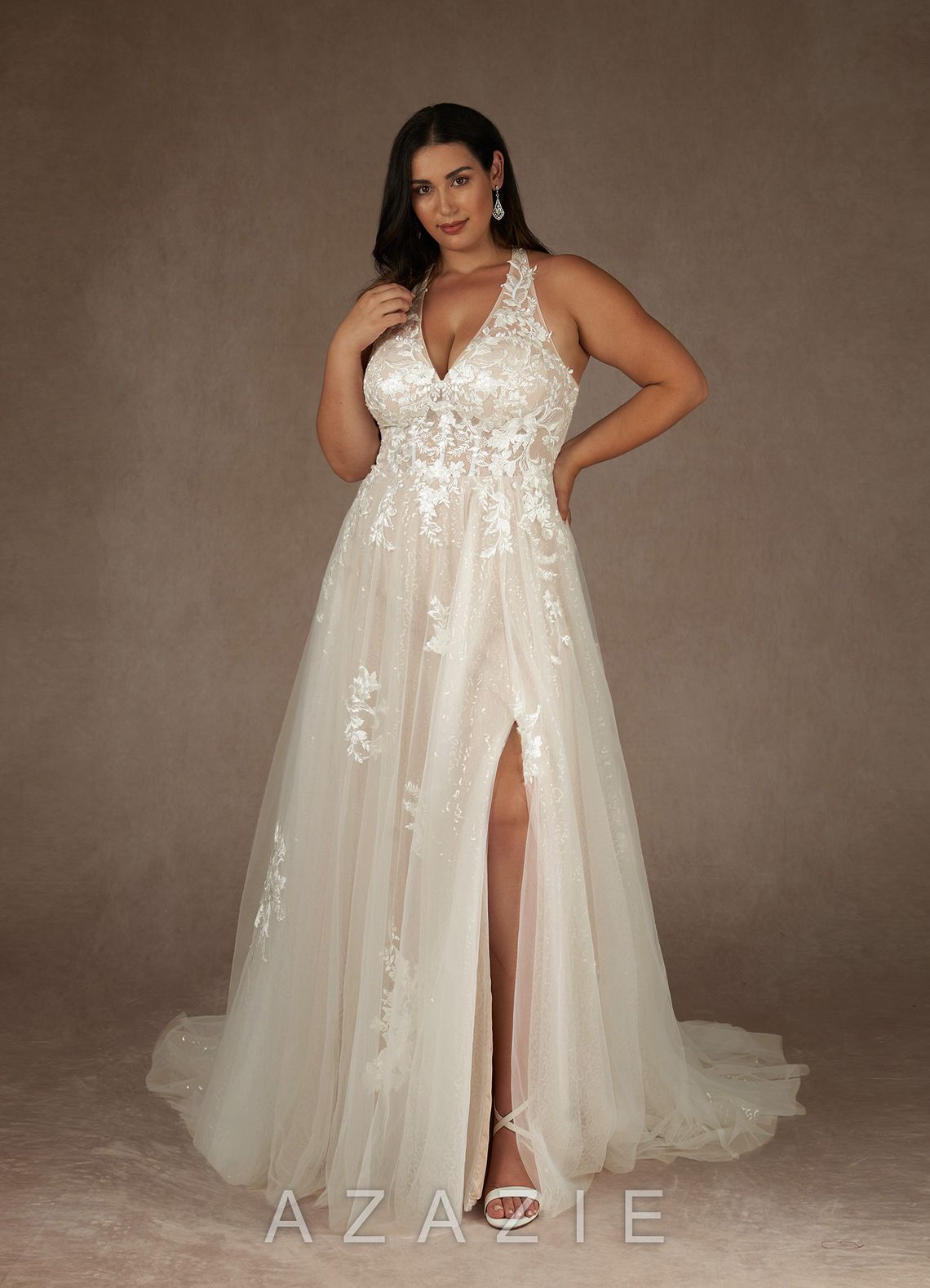 Azazie Dysis Wedding Dress Diamond White Champagne A-Line Halter Sequins Tulle Dress diamond_white/champagne