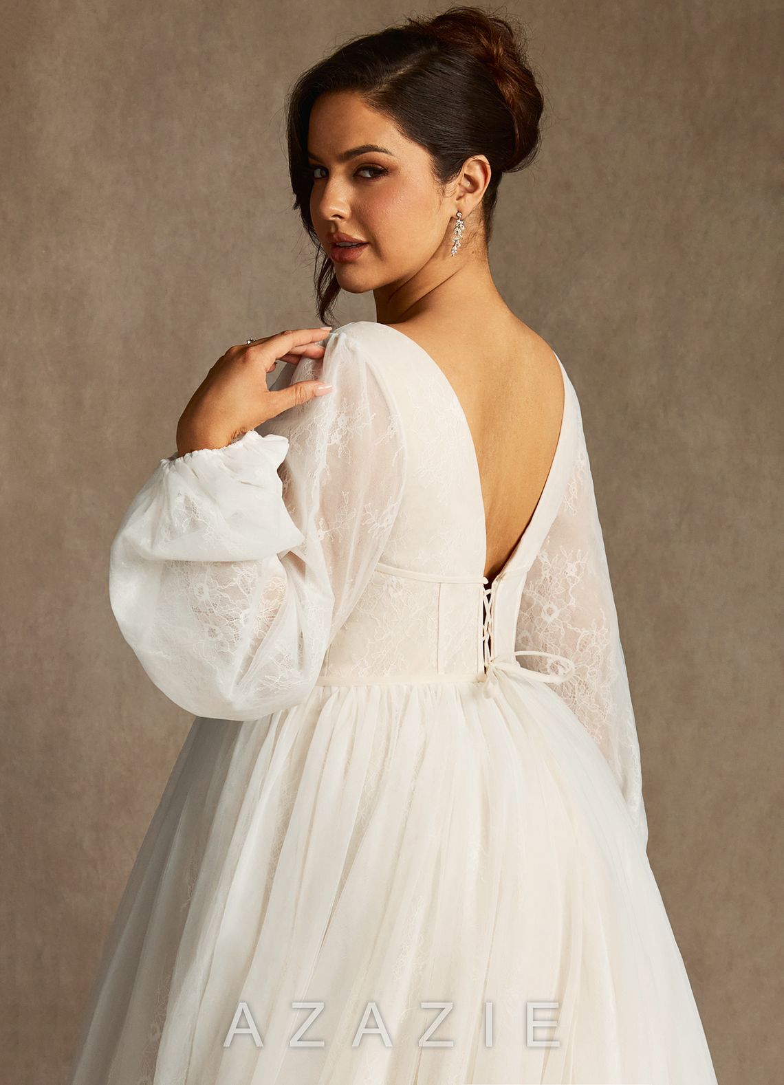 Azazie Cressida Wedding Dress Diamond White Champagne Ball-Gown Lace Tulle Dress diamond_white/champagne