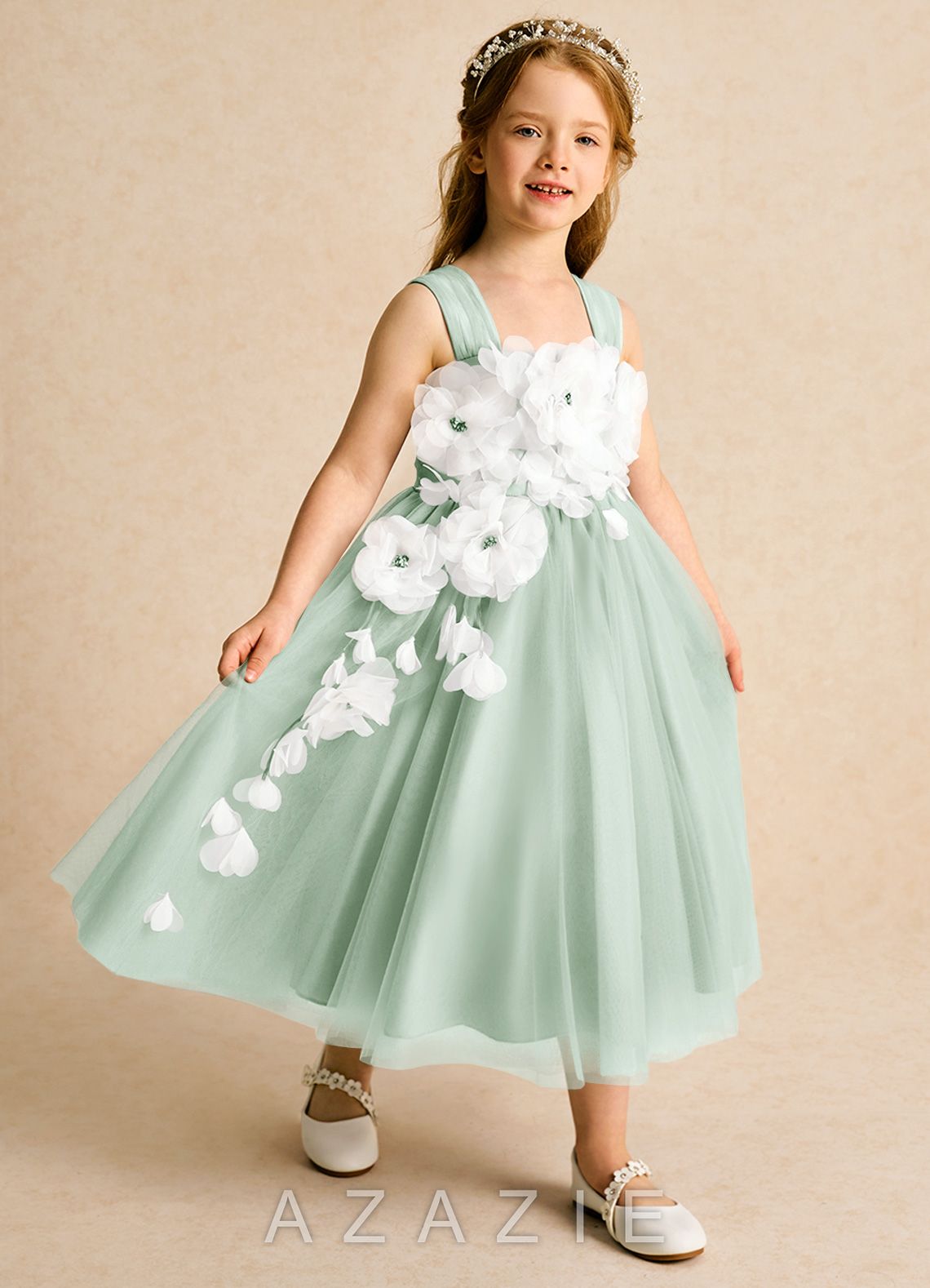 Azazie Dovey Agave Ball-Gown Bow Tulle Dress agave