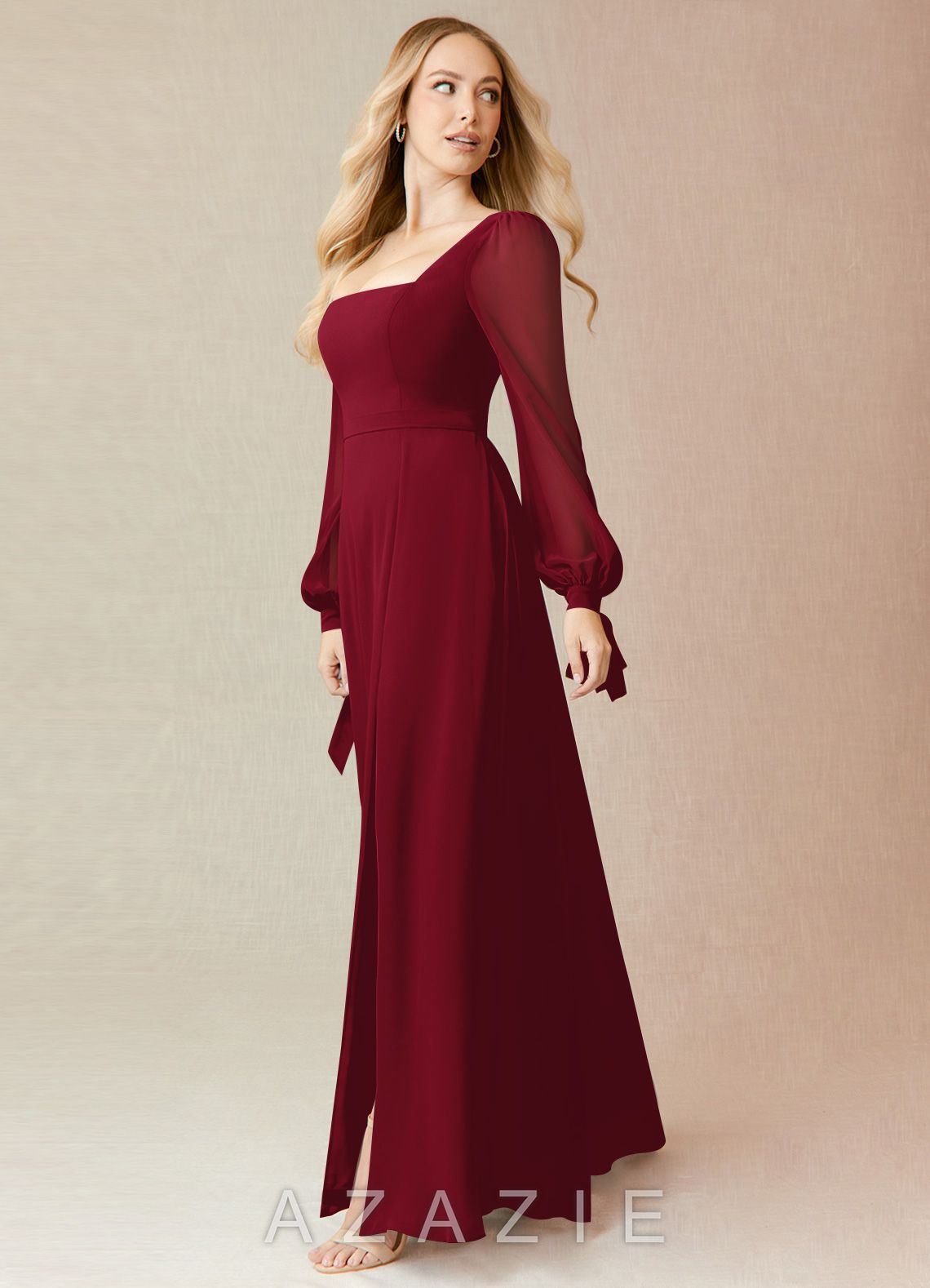 Azazie Leonia Burgundy A-Line Long Sleeve Chiffon Dress burgundy