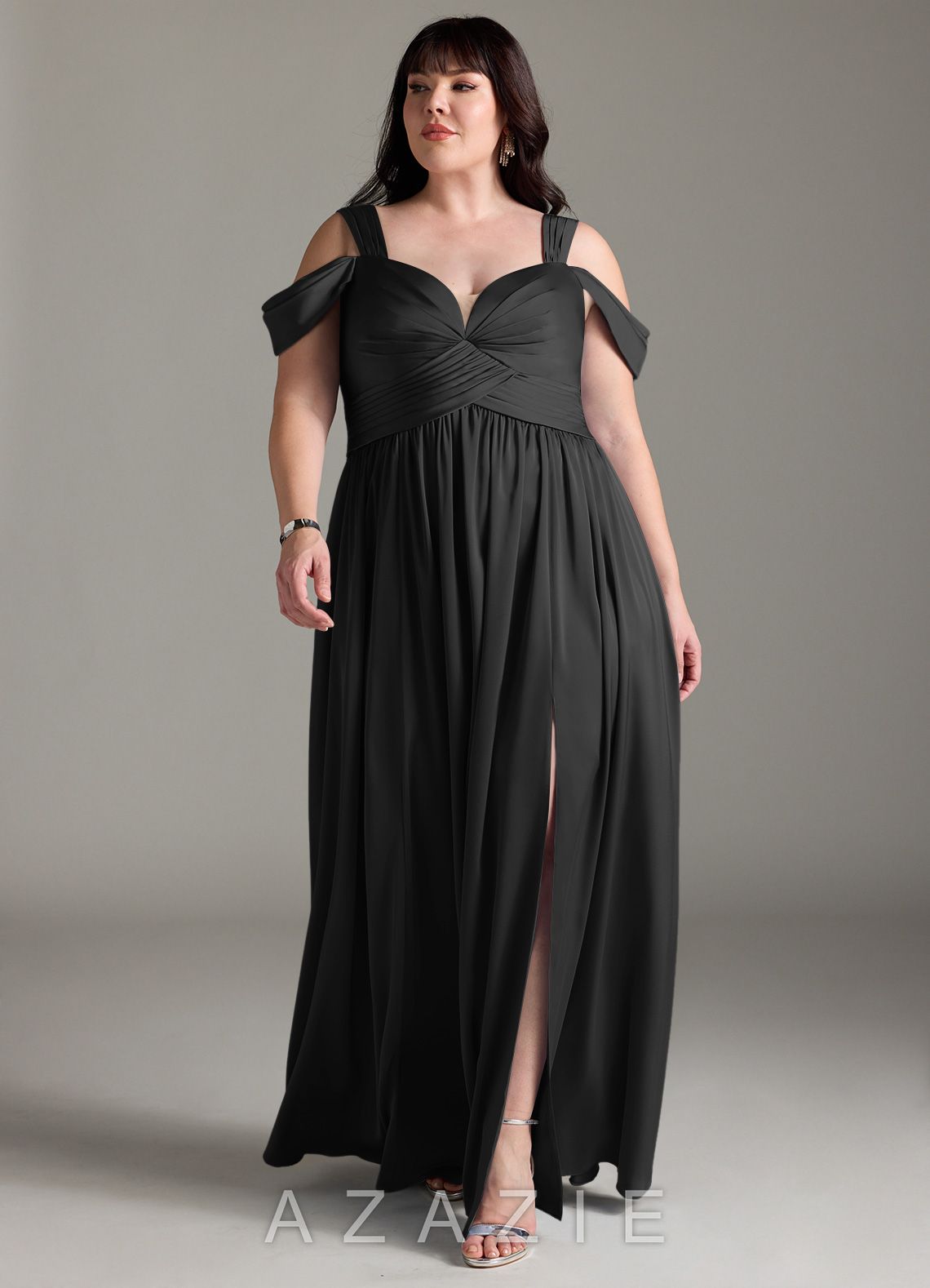 Azazie Lianne Black A-Line Off the Shoulder Stretch Satin Dress black
