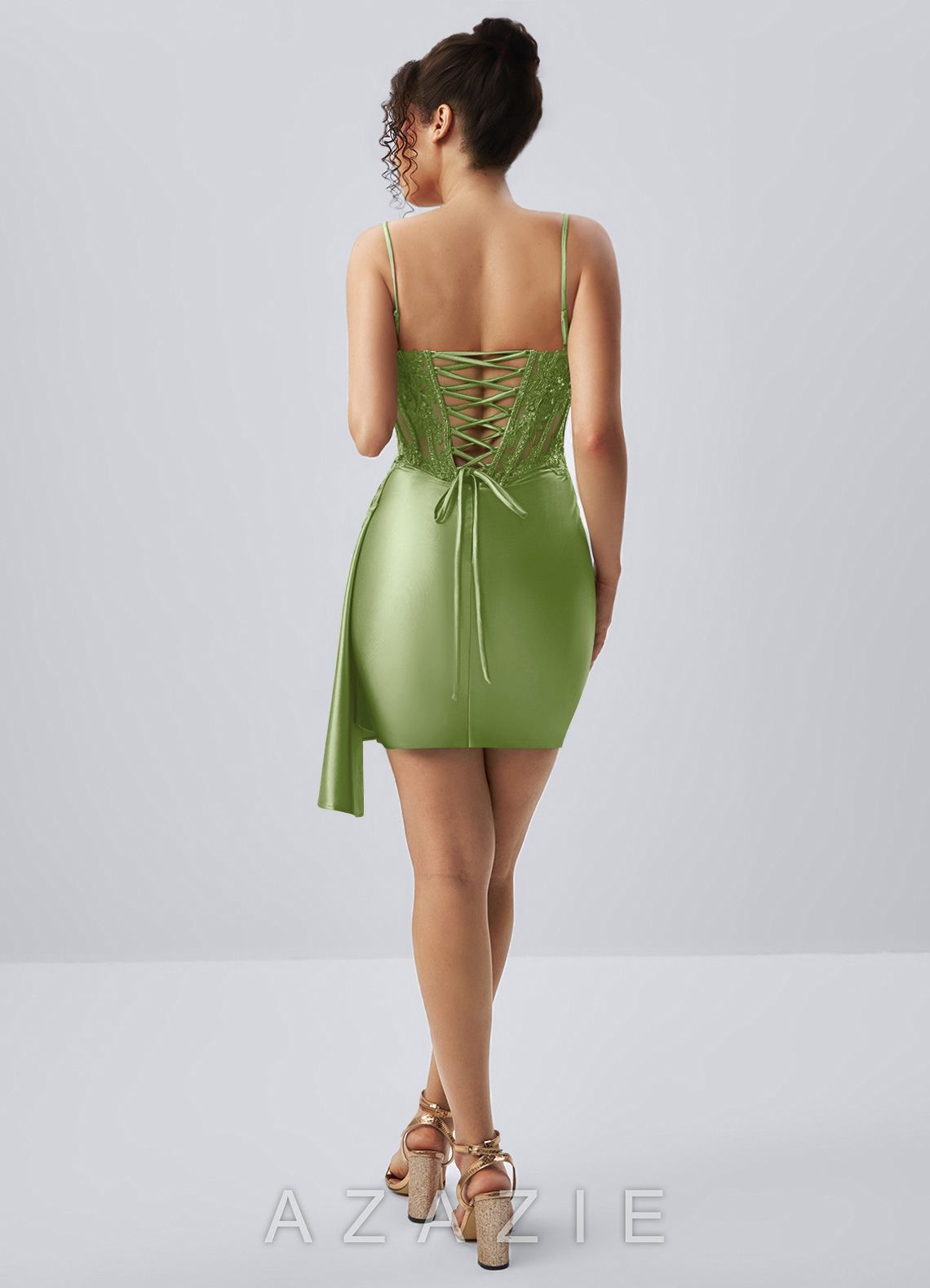 Calisthenia Sage Stretch Satin Corset Lace Rhinestones Mini Dress