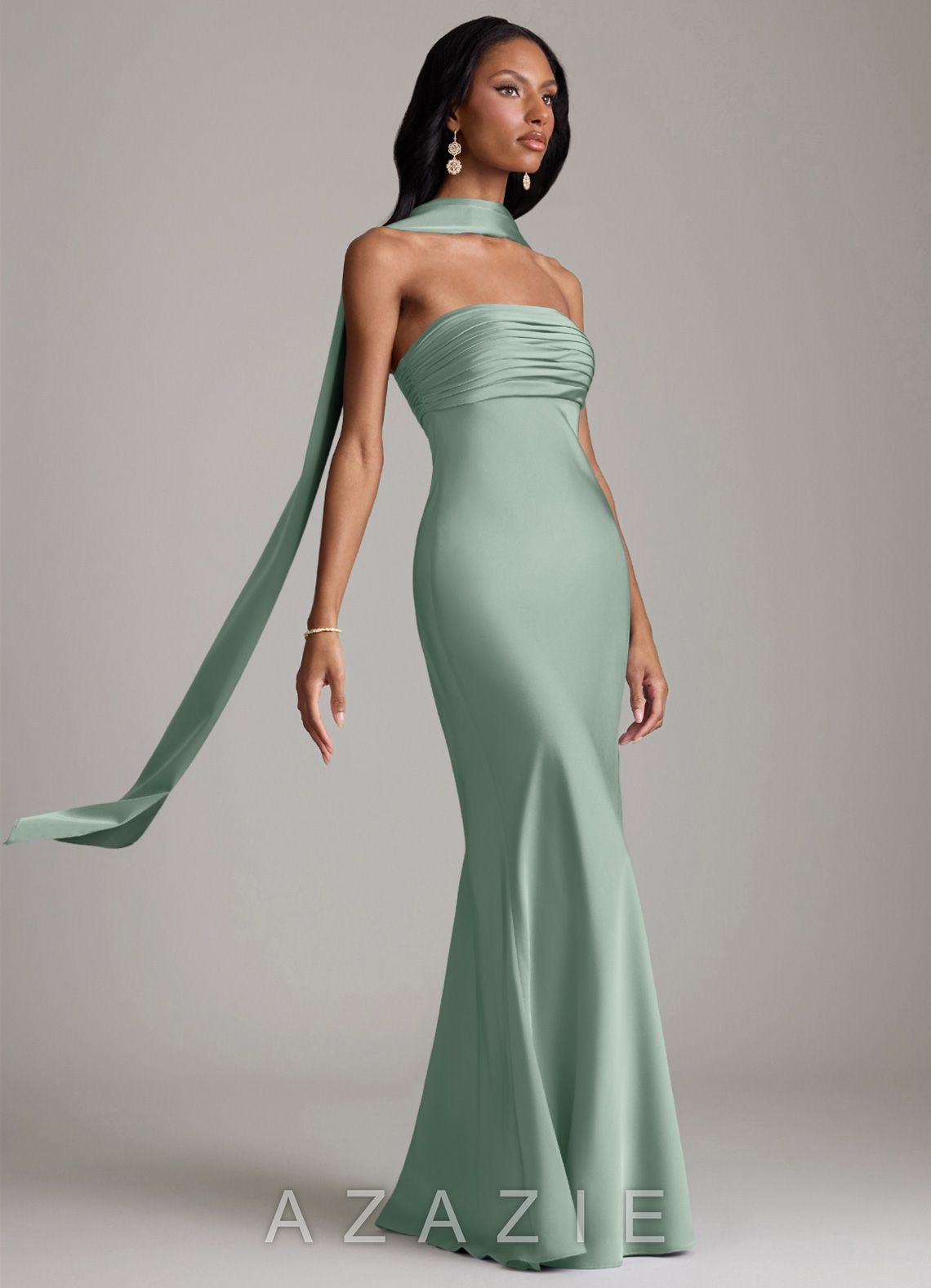 Azazie Saylor Agave Mermaid Strapless Stretch Satin Dress agave