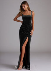 Azazie Mero Black Mermaid Pleated Velvet Dress