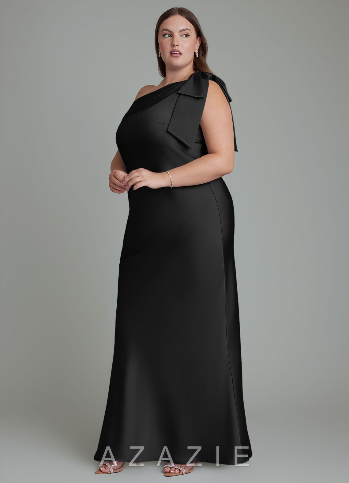 Azazie Yuanna Black Mermaid One Shoulder Stretch Satin Dress black